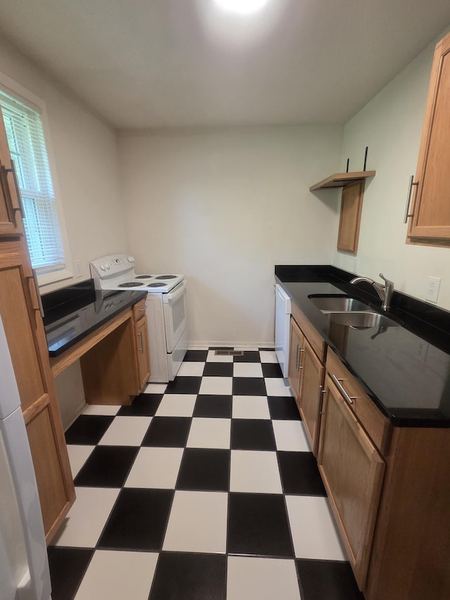 419 Kinsey Blvd, Madison, TN 37115 - kitchen with white appliances, tile patterned floors, open shelves, and dark countertops