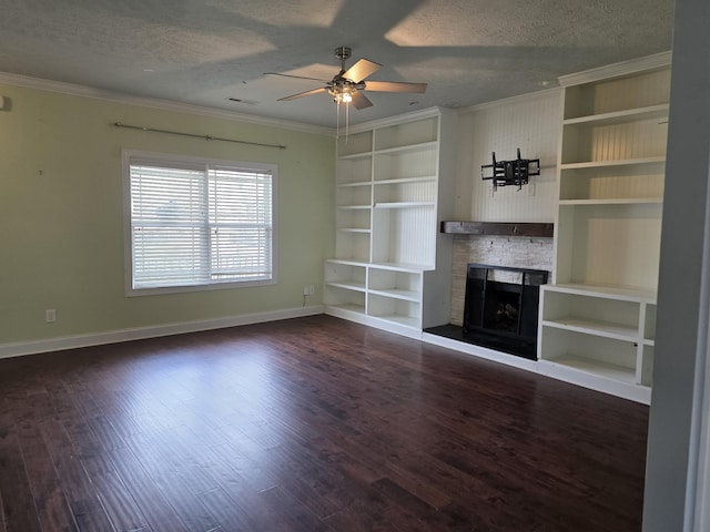1215 Snowball Ln, Clarksville, TN 37042 - unfurnished living room with a textured ceiling, crown molding, a ceiling fan, built in features, and a fireplace