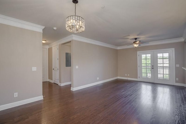 991 Westhaven Blvd Unit 32, Franklin, TN 37064 - unfurnished room with a ceiling fan, dark wood-style floors, ornamental molding, a chandelier, and electric panel