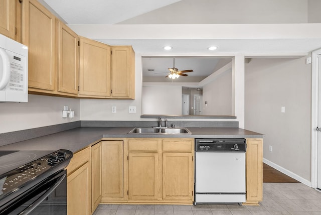 529 Southwind Dr, Hopkinsville, KY 42240 - kitchen featuring white appliances, light brown cabinets, a ceiling fan, light tile patterned floors, and dark countertops