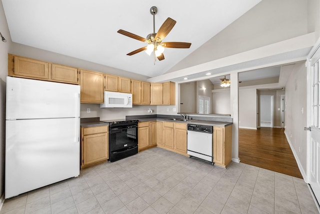 529 Southwind Dr, Hopkinsville, KY 42240 - kitchen with white appliances, ceiling fan, light brown cabinetry, vaulted ceiling, and dark countertops