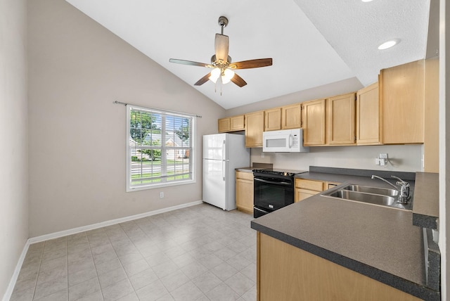 529 Southwind Dr, Hopkinsville, KY 42240 - kitchen with white appliances, light brown cabinetry, dark countertops, ceiling fan, and high vaulted ceiling