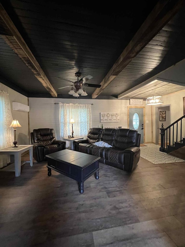 2016 Tennessee St, Westpoint, TN 38486 - living area featuring a wall mounted AC, beamed ceiling, wood finished floors, ceiling fan, and stairs
