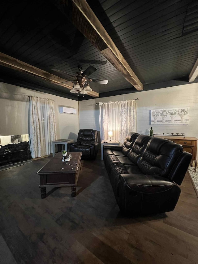 2016 Tennessee St, Westpoint, TN 38486 - living room with wood finished floors, a wooden ceiling with exposed beams, ceiling fan, and a wall unit AC