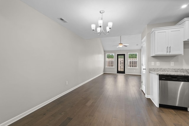 5538 Hamilton Cir, Antioch, TN 37013 - kitchen featuring dishwasher, a chandelier, white cabinets, ceiling fan, and dark wood-style flooring