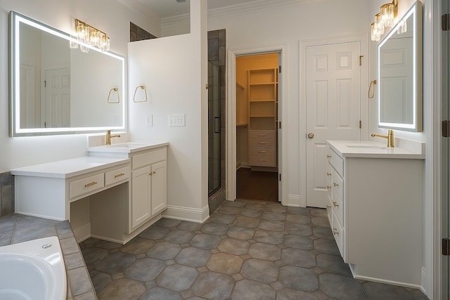 1413 Station Four Ln, Old Hickory, TN 37138 - bathroom with a stall shower, two vanities, crown molding, and a bath