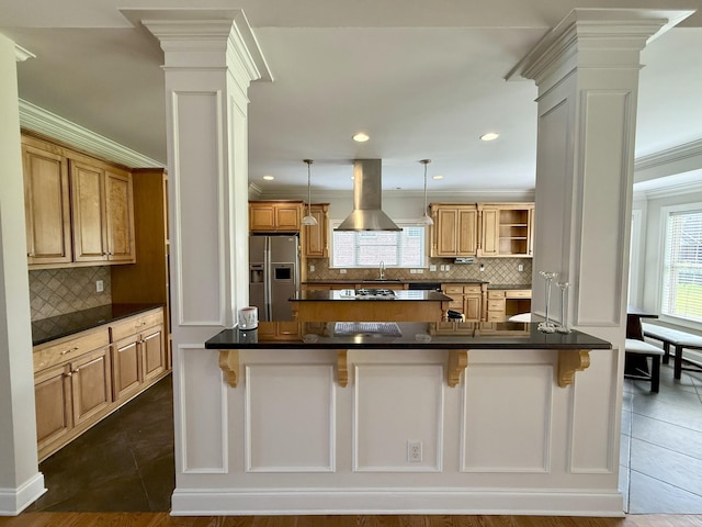 1413 Station Four Ln, Old Hickory, TN 37138 - kitchen with stainless steel fridge with ice dispenser, decorative columns, open shelves, a spacious island, and dark countertops