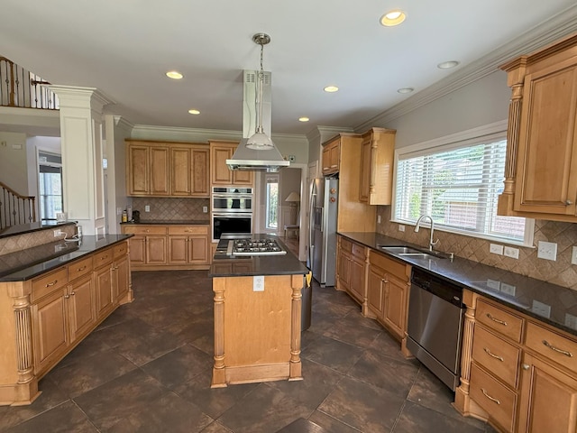 1413 Station Four Ln, Old Hickory, TN 37138 - kitchen with stainless steel appliances, a center island, tasteful backsplash, crown molding, and recessed lighting