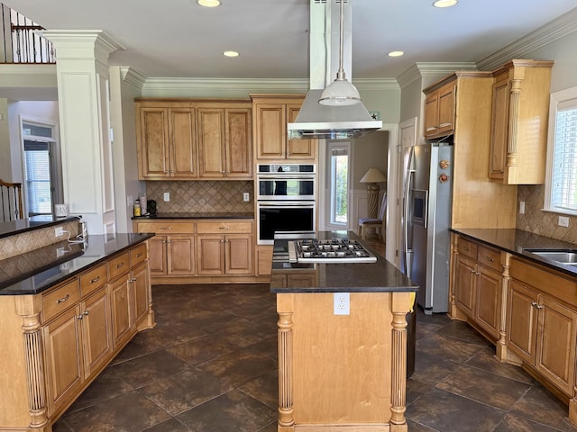 1413 Station Four Ln, Old Hickory, TN 37138 - kitchen featuring a kitchen island, appliances with stainless steel finishes, decorative backsplash, brown cabinetry, and recessed lighting