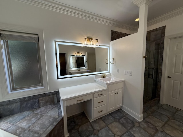 1413 Station Four Ln, Old Hickory, TN 37138 - bathroom featuring vanity, stone finish floors, a stall shower, crown molding, and decorative columns