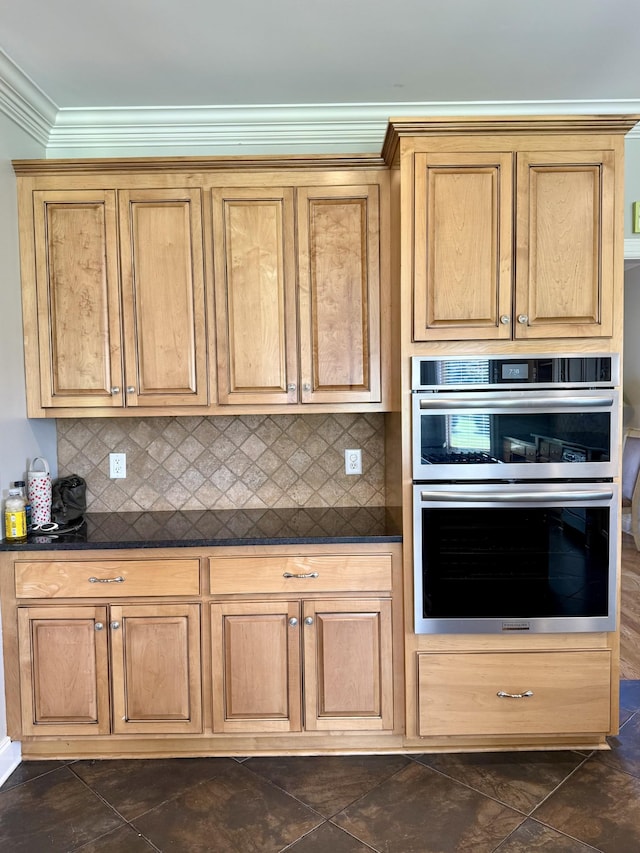 1413 Station Four Ln, Old Hickory, TN 37138 - kitchen with dark countertops, double oven, decorative backsplash, and crown molding