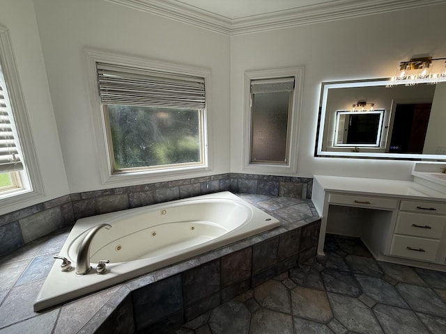 1413 Station Four Ln, Old Hickory, TN 37138 - bathroom featuring a jetted tub, vanity, crown molding, and stone finish flooring