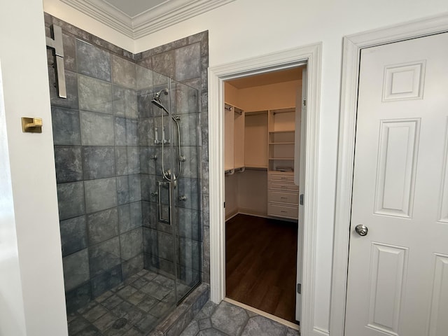 1413 Station Four Ln, Old Hickory, TN 37138 - full bathroom featuring a stall shower, crown molding, a walk in closet, and wood finished floors