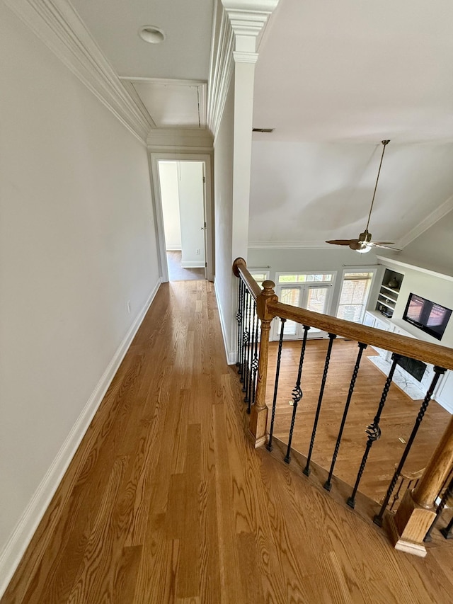1413 Station Four Ln, Old Hickory, TN 37138 - hallway with wood finished floors, ornamental molding, and an upstairs landing