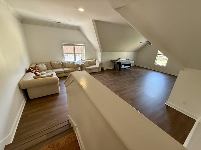 1413 Station Four Ln, Old Hickory, TN 37138 - living area featuring dark wood-style flooring, vaulted ceiling, recessed lighting, and ornamental molding