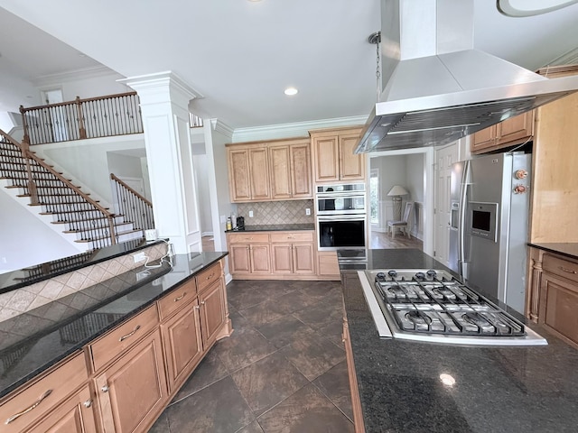 1413 Station Four Ln, Old Hickory, TN 37138 - kitchen with appliances with stainless steel finishes, island exhaust hood, ornamental molding, ornate columns, and decorative backsplash