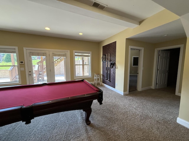 1413 Station Four Ln, Old Hickory, TN 37138 - recreation room with billiards table, carpet floors, recessed lighting, a fireplace, and french doors