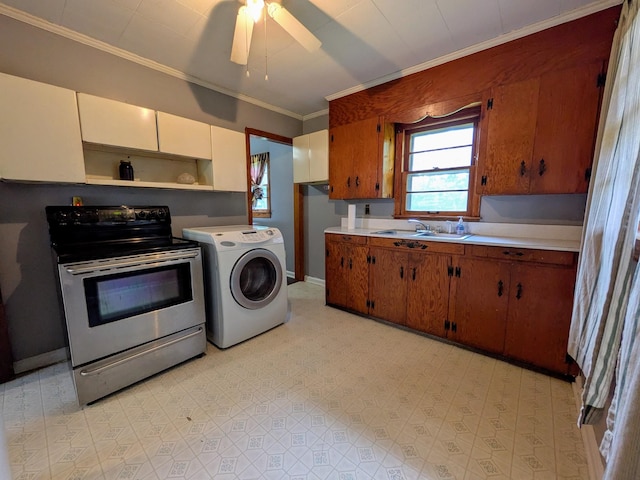 3007 Green Hill Dr, Centerville, TN 37033 - kitchen with washer / dryer, stainless steel range with electric stovetop, open shelves, crown molding, and light countertops