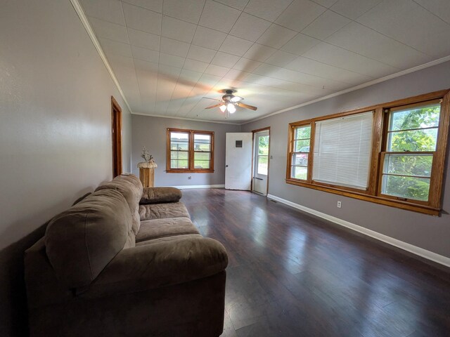 3007 Green Hill Dr, Centerville, TN 37033 - living area featuring ornamental molding, a ceiling fan, and dark wood-style flooring