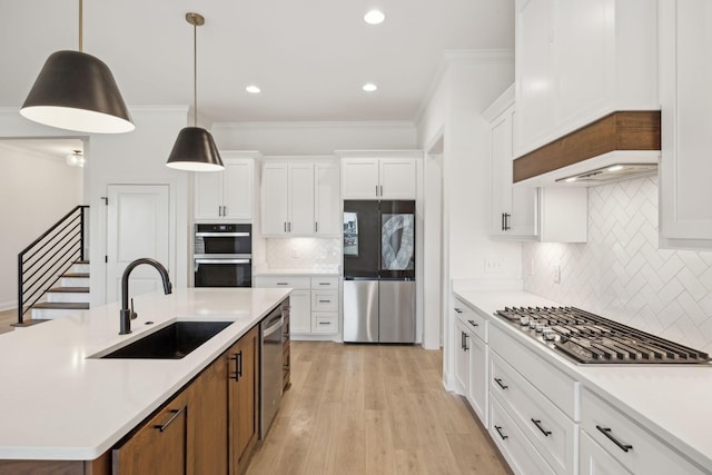 4118 Maples Farm Dr, Murfreesboro, TN 37127 - kitchen featuring appliances with stainless steel finishes, ornamental molding, decorative backsplash, white cabinetry, and light countertops
