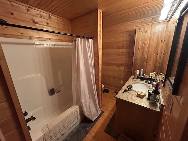 2933 Vanzant Bend Rd, Belvidere, TN 37306 - full bathroom with wooden ceiling, wood walls, vanity, shower / bathtub combination with curtain, and wood finished floors
