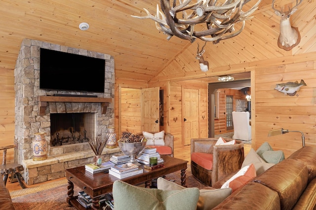 1261 S Cedar Ln, Chickamauga, GA 30707 - living room with wood walls, a chandelier, wooden ceiling, a stone fireplace, and vaulted ceiling