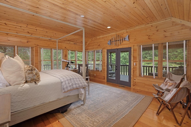 1261 S Cedar Ln, Chickamauga, GA 30707 - bedroom featuring wood ceiling, lofted ceiling, access to exterior, wood walls, and french doors
