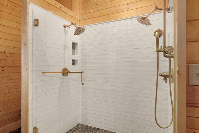 1261 S Cedar Ln, Chickamauga, GA 30707 - bathroom with a tile shower and wood walls
