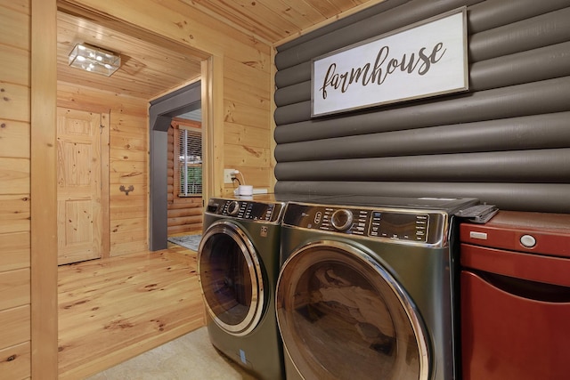 1261 S Cedar Ln, Chickamauga, GA 30707 - laundry area featuring separate washer and dryer, wood ceiling, hardwood / wood-style floors, wood walls, and rustic walls