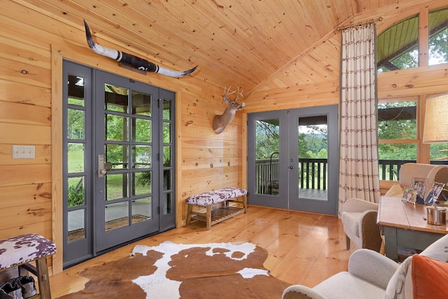 1261 S Cedar Ln, Chickamauga, GA 30707 - doorway featuring french doors, lofted ceiling, wooden walls, wooden ceiling, and hardwood / wood-style flooring