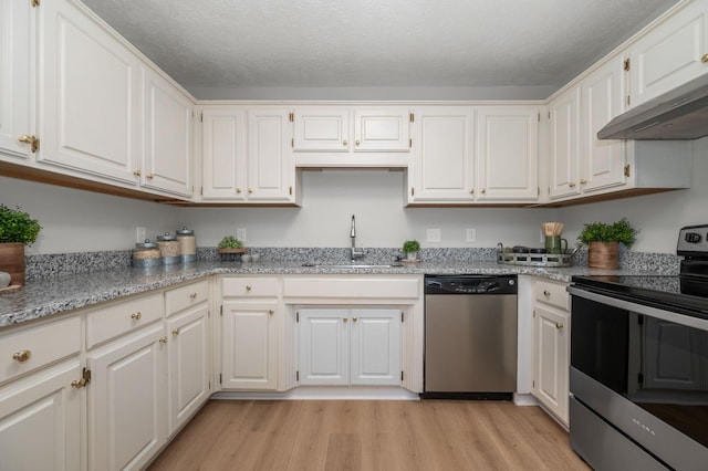 785 E Northfield Blvd, Murfreesboro, TN 37130 - kitchen with appliances with stainless steel finishes, extractor fan, light wood-type flooring, light stone counters, and white cabinets