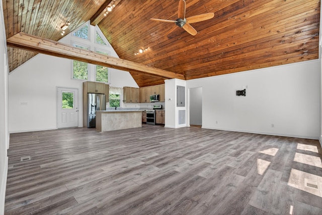 115 Annabelle Way, Ashland City, TN 37015 - unfurnished living room featuring a ceiling fan, high vaulted ceiling, dark wood finished floors, plenty of natural light, and a wood ceiling with exposed beams