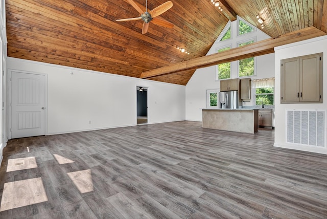 115 Annabelle Way, Ashland City, TN 37015 - unfurnished living room with high vaulted ceiling, ceiling fan, a wood ceiling with exposed beams, and wood finished floors