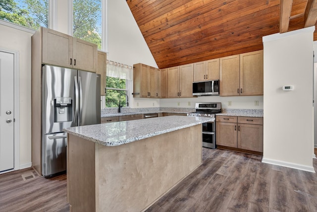 115 Annabelle Way, Ashland City, TN 37015 - kitchen with appliances with stainless steel finishes, high vaulted ceiling, wood ceiling, a kitchen island, and dark wood-type flooring