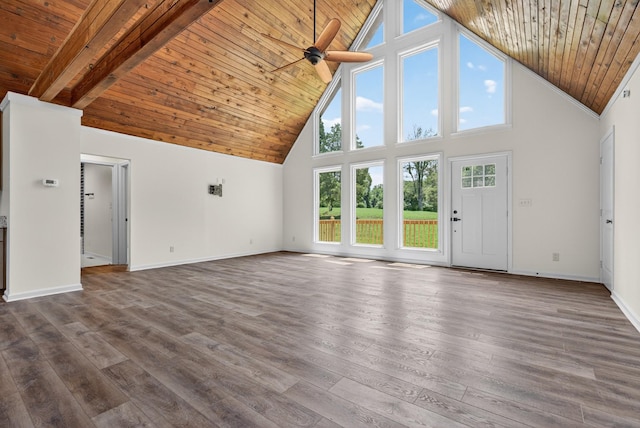 115 Annabelle Way, Ashland City, TN 37015 - unfurnished living room featuring a wood ceiling with exposed beams, high vaulted ceiling, plenty of natural light, ceiling fan, and dark wood-type flooring