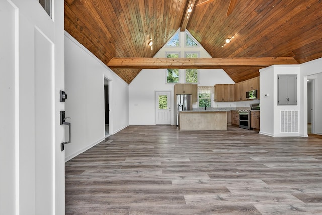 115 Annabelle Way, Ashland City, TN 37015 - unfurnished living room featuring high vaulted ceiling, a wood ceiling with exposed beams, and wood finished floors
