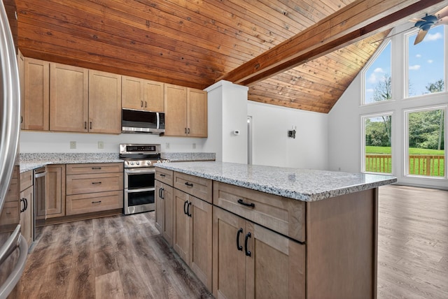 115 Annabelle Way, Ashland City, TN 37015 - kitchen featuring stainless steel appliances, a wood ceiling with exposed beams, dark wood-style floors, light stone countertops, and high vaulted ceiling