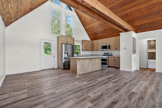 115 Annabelle Way, Ashland City, TN 37015 - kitchen with appliances with stainless steel finishes, a wood ceiling with exposed beams, high vaulted ceiling, a kitchen island, and open floor plan