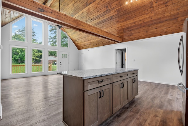 115 Annabelle Way, Ashland City, TN 37015 - kitchen featuring high vaulted ceiling, refrigerator, light stone countertops, a kitchen island, and a wood ceiling with exposed beams