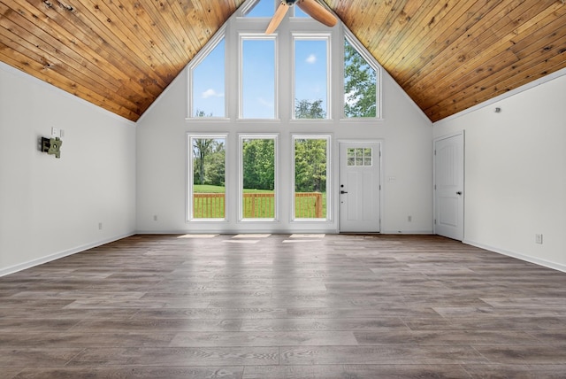 115 Annabelle Way, Ashland City, TN 37015 - unfurnished living room with high vaulted ceiling, wooden ceiling, a ceiling fan, and dark wood-type flooring