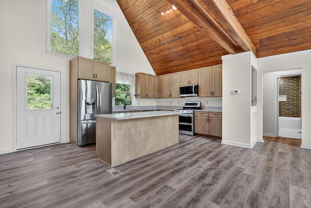 115 Annabelle Way, Ashland City, TN 37015 - kitchen featuring appliances with stainless steel finishes, high vaulted ceiling, a wooden ceiling with exposed beams, a kitchen island, and dark wood-style flooring