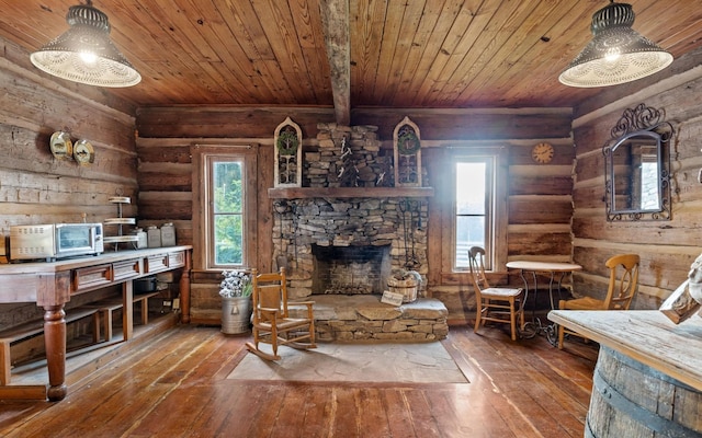 36 Still Hollow Rd, Menlo, GA 30731 - living room with wood-type flooring, wooden ceiling, log walls, plenty of natural light, and a stone fireplace