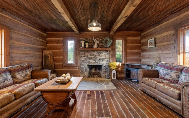 36 Still Hollow Rd, Menlo, GA 30731 - living room featuring a wooden ceiling with exposed beams, a stone fireplace, wood walls, plenty of natural light, and hardwood / wood-style flooring