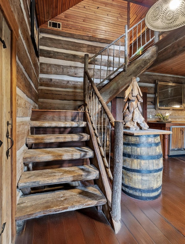 36 Still Hollow Rd, Menlo, GA 30731 - staircase with wooden walls, wood ceiling, hardwood / wood-style floors, and vaulted ceiling