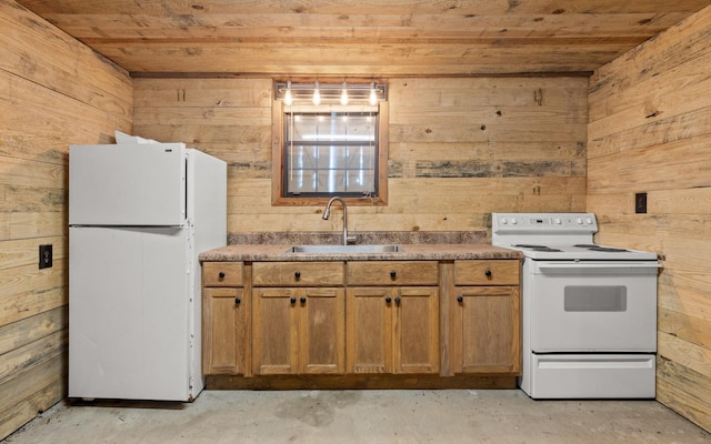 36 Still Hollow Rd, Menlo, GA 30731 - kitchen featuring white appliances, wooden ceiling, wooden walls, unfinished concrete flooring, and brown cabinets