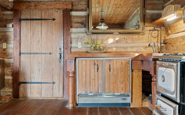 36 Still Hollow Rd, Menlo, GA 30731 - kitchen featuring wooden walls, wooden ceiling, wood finished floors, and hanging light fixtures