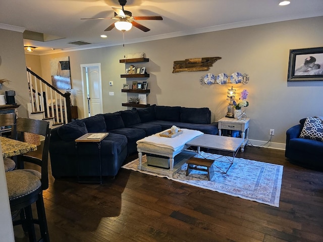 8009 Shelly Plum Dr, Murfreesboro, TN 37128 - living area with stairs, crown molding, a ceiling fan, wood-type flooring, and recessed lighting