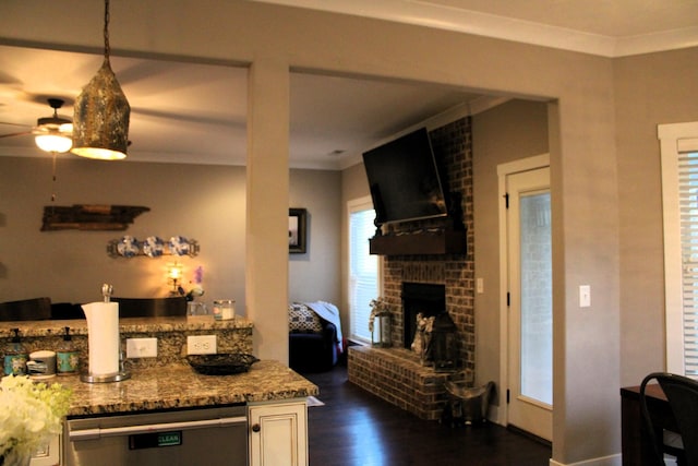 8009 Shelly Plum Dr, Murfreesboro, TN 37128 - kitchen featuring stainless steel dishwasher, ceiling fan, ornamental molding, dark wood-style flooring, and a brick fireplace
