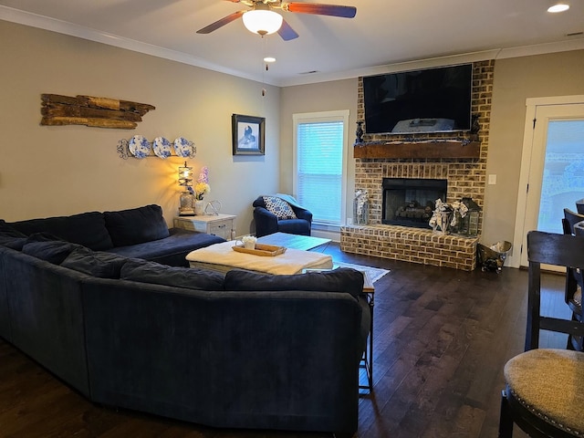 8009 Shelly Plum Dr, Murfreesboro, TN 37128 - living area with ceiling fan, wood finished floors, crown molding, a brick fireplace, and recessed lighting