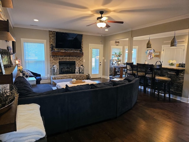 8009 Shelly Plum Dr, Murfreesboro, TN 37128 - living room featuring a fireplace, wood-type flooring, ceiling fan, crown molding, and healthy amount of natural light